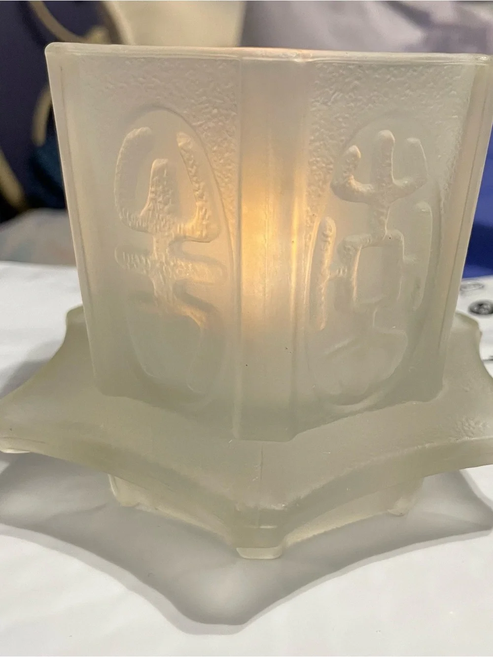 Homco Frosted Cream Glass Lantern Candle Holder with Scalloped Rim